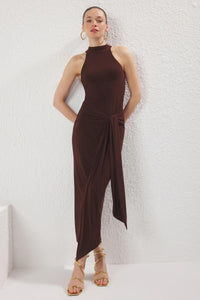Halter Neck Belted Bodycon Stretch Maxi Knit Dress
