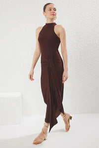 Halter Neck Belted Bodycon Stretch Maxi Knit Dress