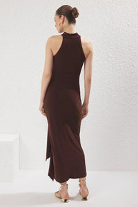 Halter Neck Belted Bodycon Stretch Maxi Knit Dress