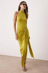 Halter Neck Belted Bodycon Stretch Maxi Knit Dress
