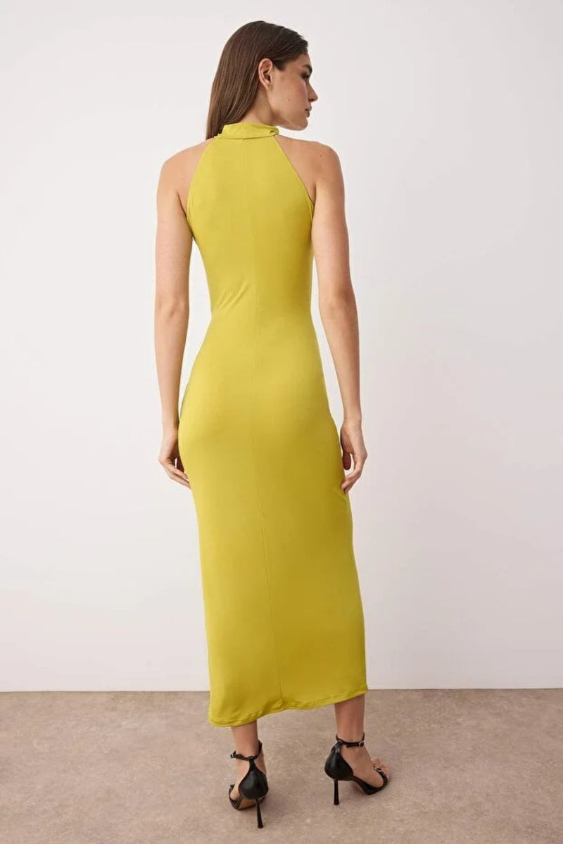 Halter Neck Belted Bodycon Stretch Maxi Knit Dress