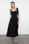 Elegant Woven Midi A-Line Dress with Tie-Strap Detail
