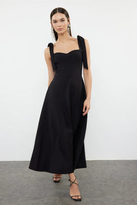 Elegant Woven Midi A-Line Dress with Tie-Strap Detail