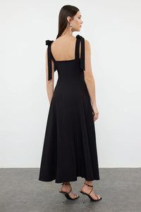Elegant Woven Midi A-Line Dress with Tie-Strap Detail