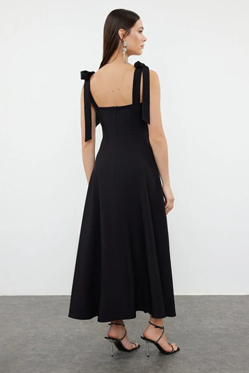 Elegant Woven Midi A-Line Dress with Tie-Strap Detail