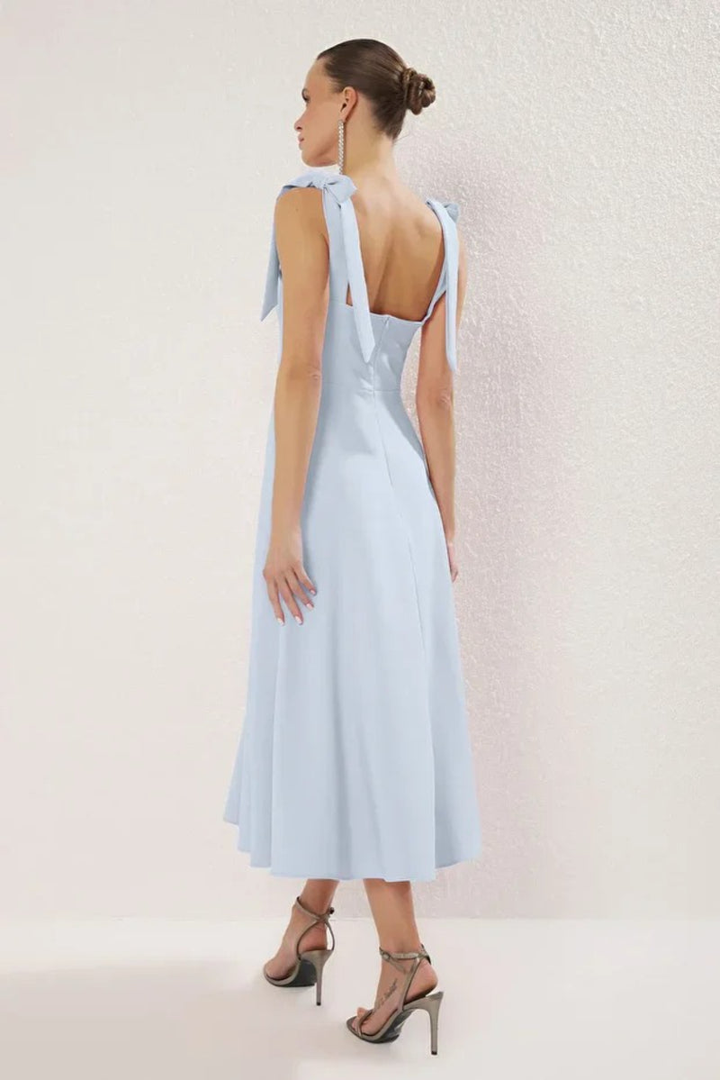 Elegant Woven Midi A-Line Dress with Tie-Strap Detail