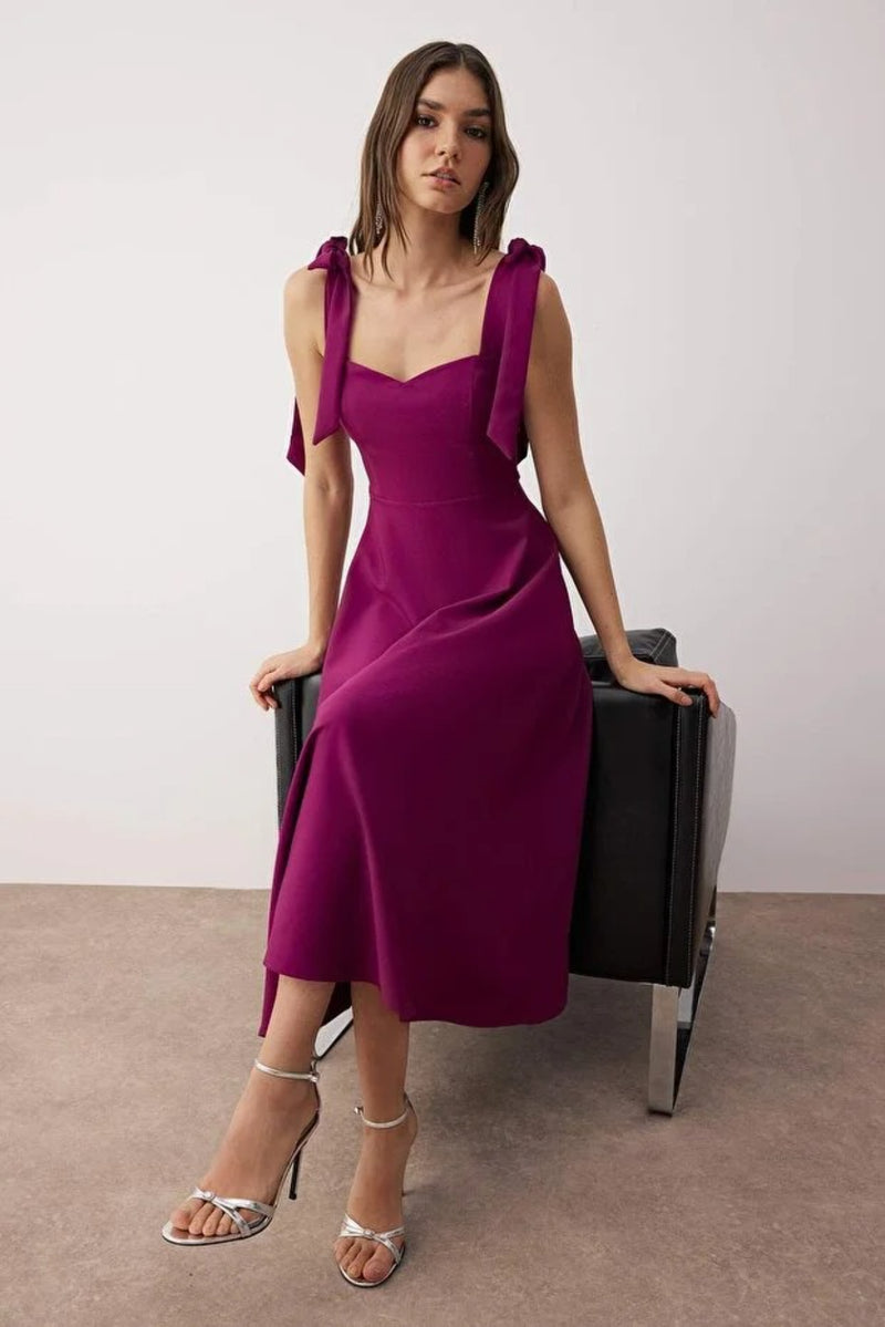 Elegant Woven Midi A-Line Dress with Tie-Strap Detail