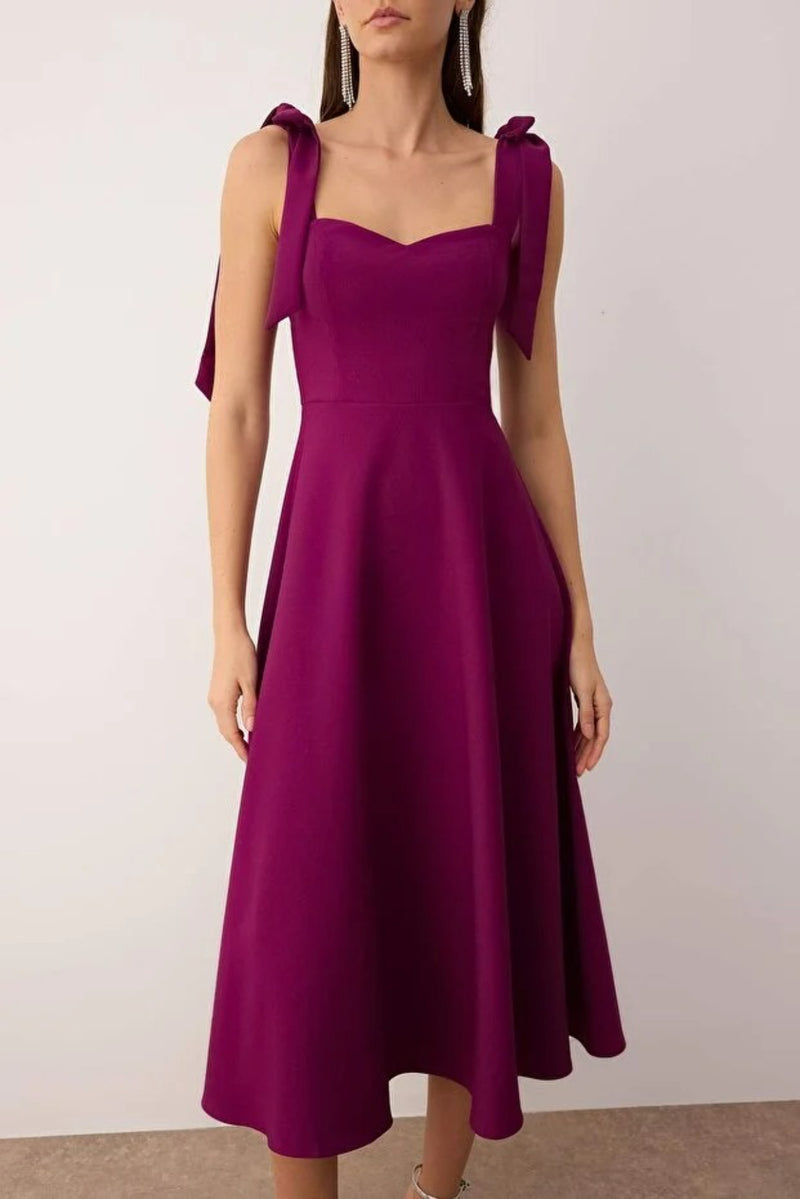 Elegant Woven Midi A-Line Dress with Tie-Strap Detail