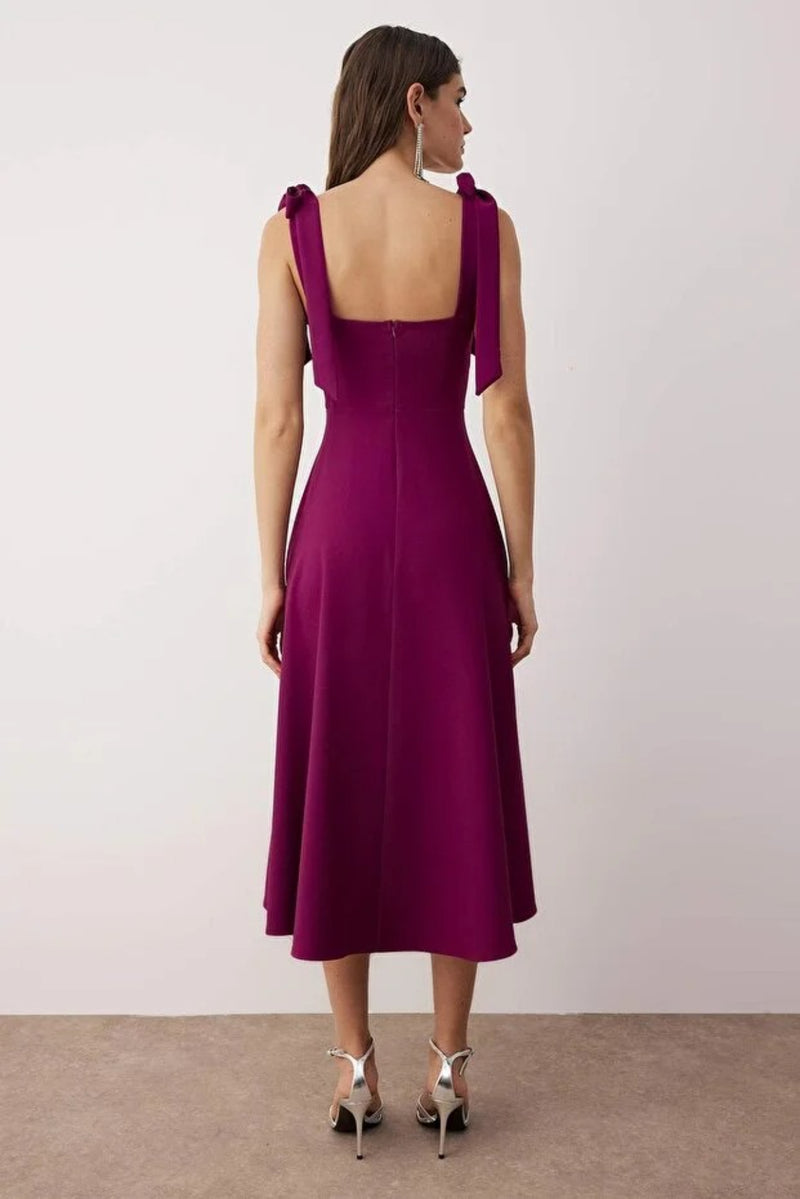 Elegant Woven Midi A-Line Dress with Tie-Strap Detail