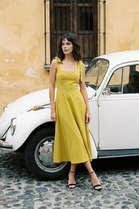 Elegant Woven Midi A-Line Dress with Tie-Strap Detail