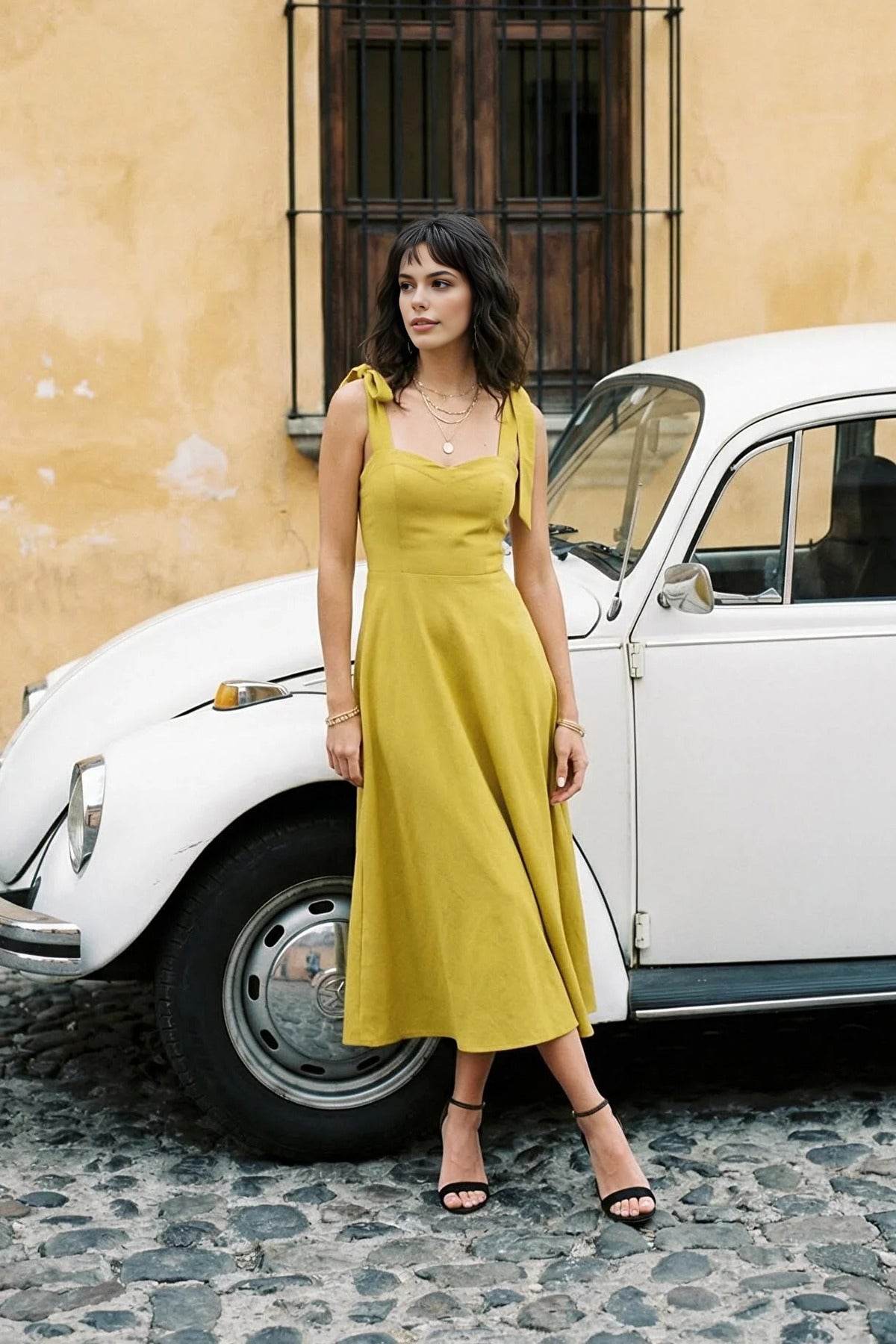 Elegant Woven Midi A-Line Dress with Tie-Strap Detail