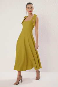 Elegant Woven Midi A-Line Dress with Tie-Strap Detail