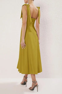 Elegant Woven Midi A-Line Dress with Tie-Strap Detail