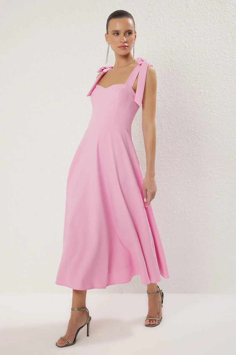Elegant Woven Midi A-Line Dress with Tie-Strap Detail