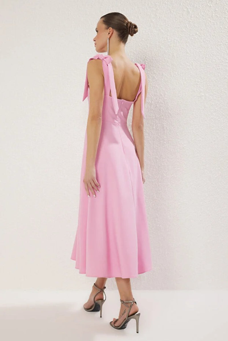 Elegant Woven Midi A-Line Dress with Tie-Strap Detail