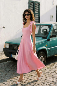 Elegant Woven Midi A-Line Dress with Tie-Strap Detail