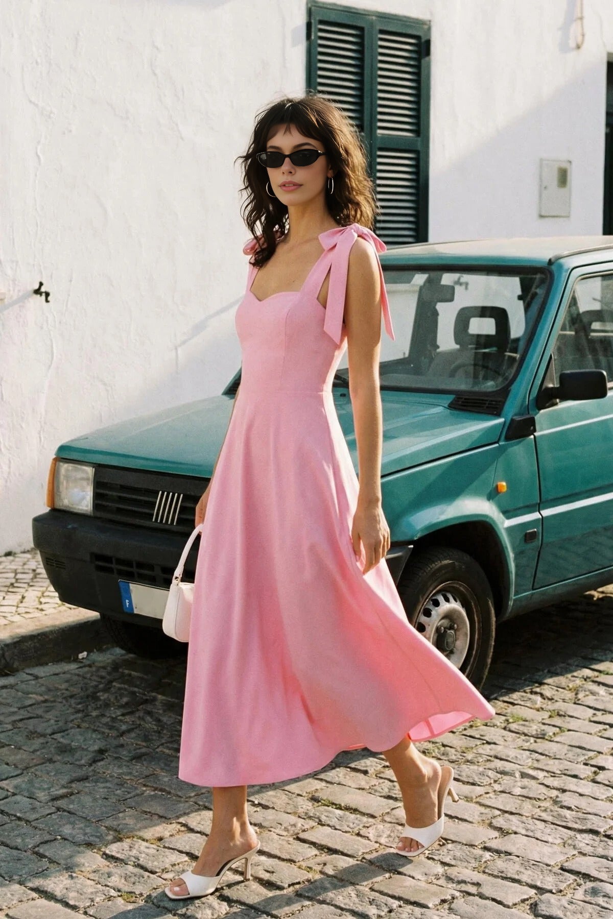 Elegant Woven Midi A-Line Dress with Tie-Strap Detail