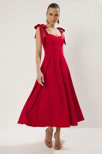 Elegant Woven Midi A-Line Dress with Tie-Strap Detail