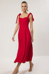 Elegant Woven Midi A-Line Dress with Tie-Strap Detail