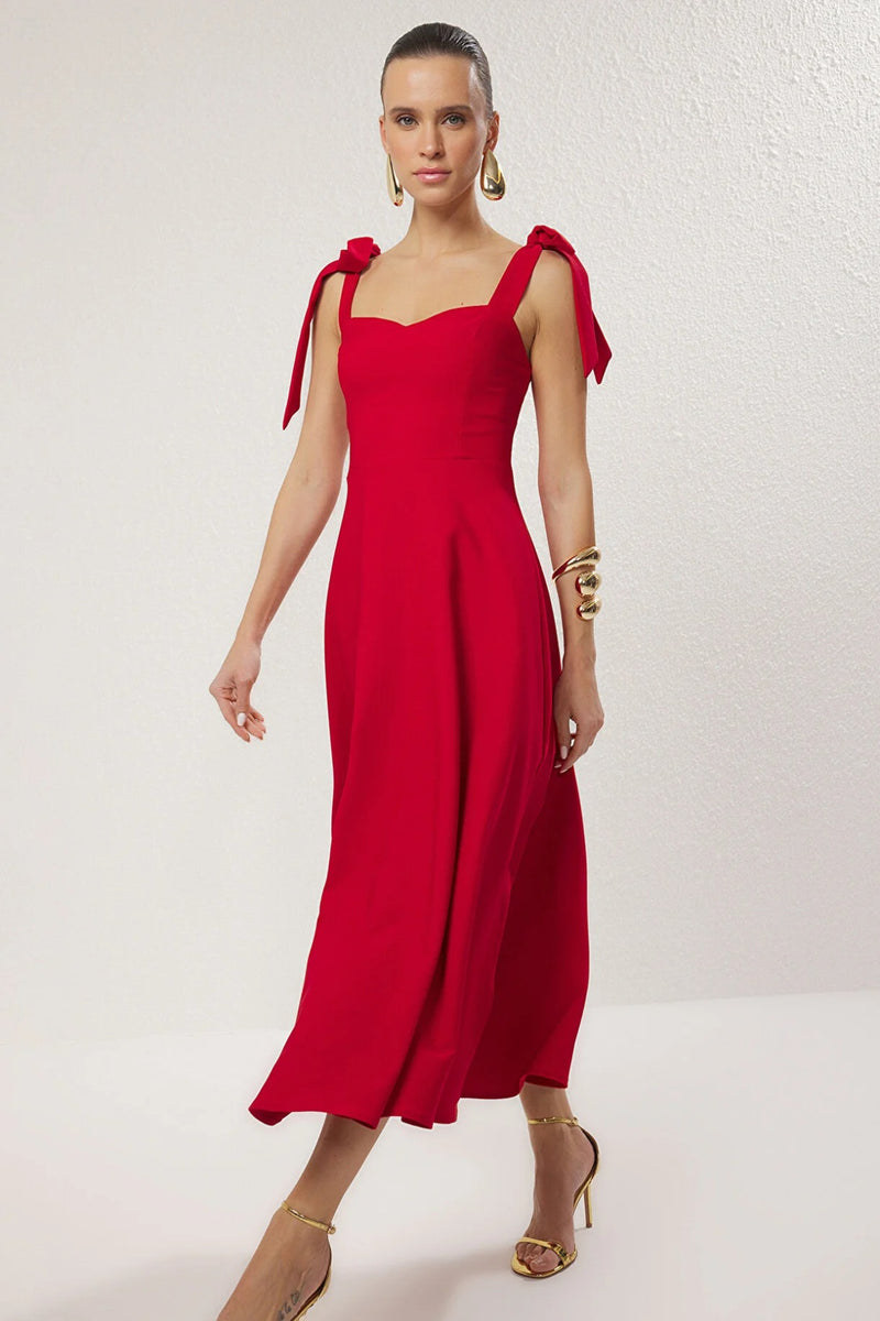 Elegant Woven Midi A-Line Dress with Tie-Strap Detail