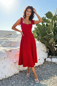 Elegant Woven Midi A-Line Dress with Tie-Strap Detail