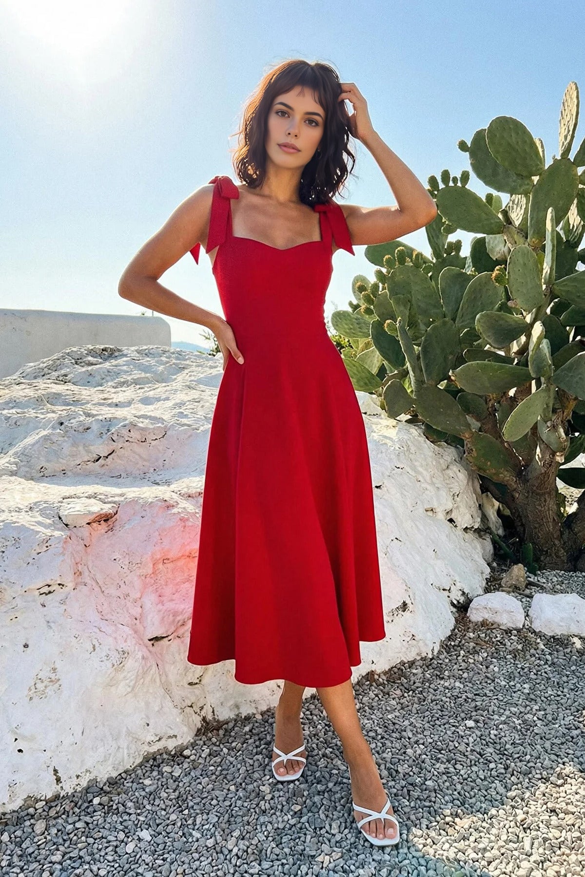 Elegant Woven Midi A-Line Dress with Tie-Strap Detail