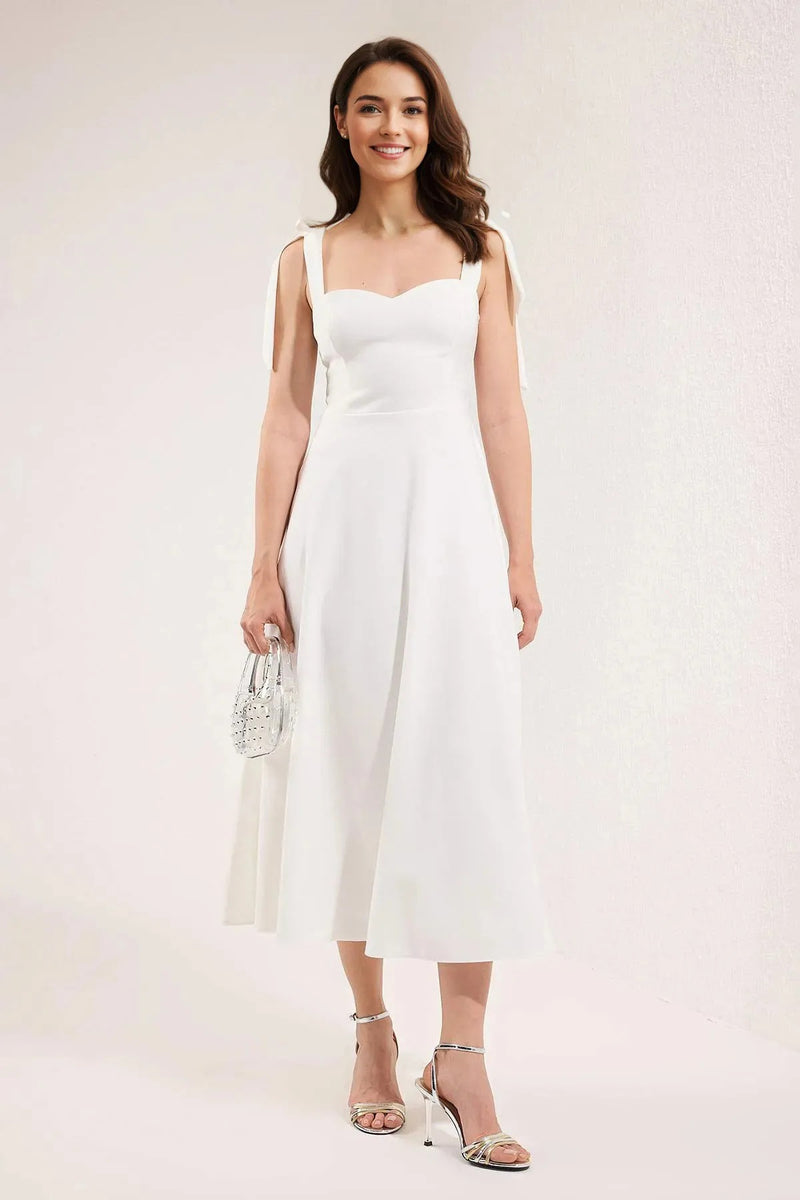 Elegant Woven Midi A-Line Dress with Tie-Strap Detail