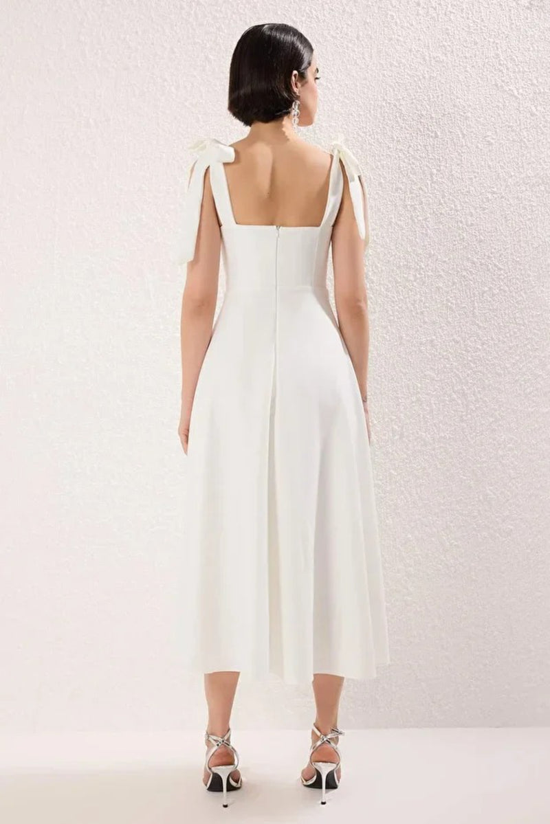 Elegant Woven Midi A-Line Dress with Tie-Strap Detail
