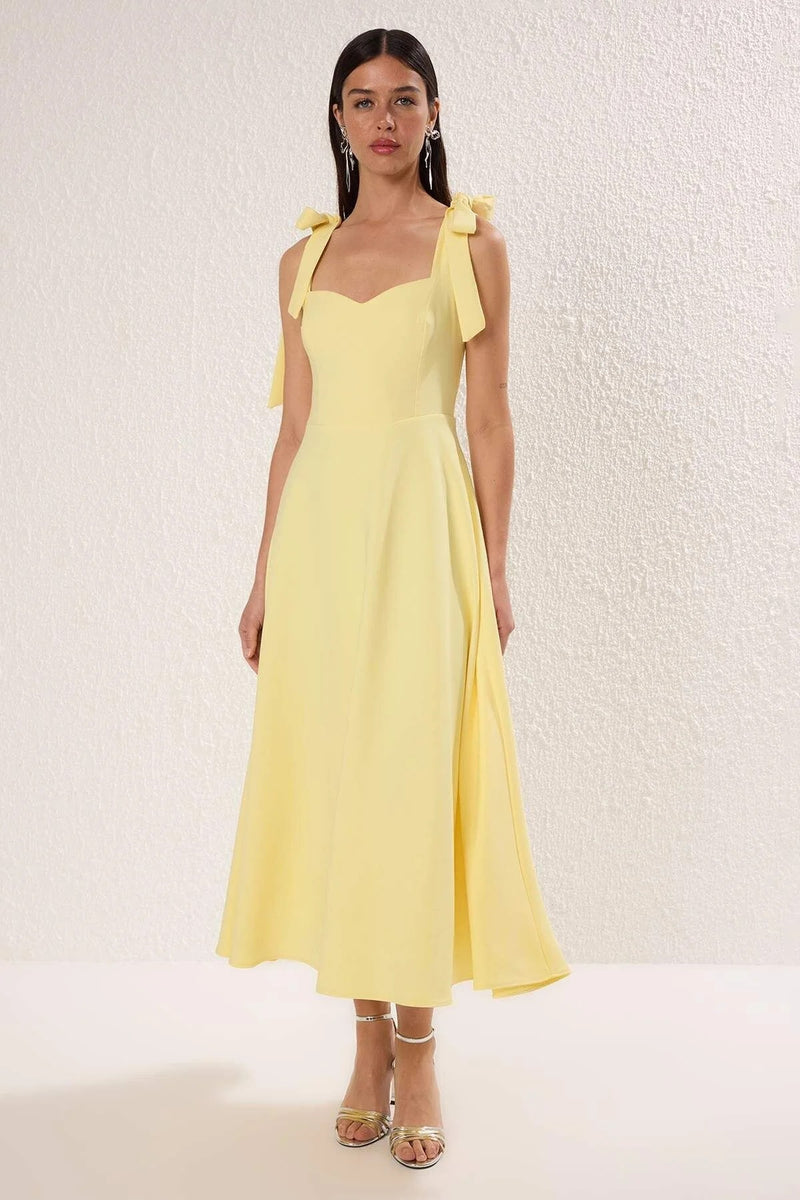 Elegant Woven Midi A-Line Dress with Tie-Strap Detail