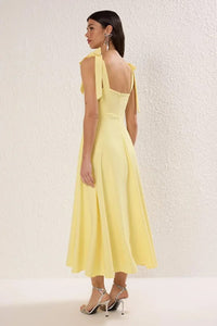 Elegant Woven Midi A-Line Dress with Tie-Strap Detail