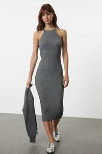 2-Piece Midi Knit Basic Dress with Cardigan
