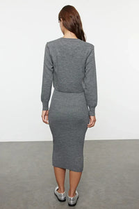 2-Piece Midi Knit Basic Dress with Cardigan