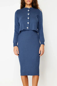 2-Piece Midi Knit Basic Dress with Cardigan