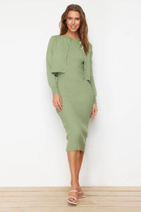 2-Piece Midi Knit Basic Dress with Cardigan