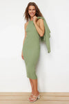 2-Piece Midi Knit Basic Dress with Cardigan
