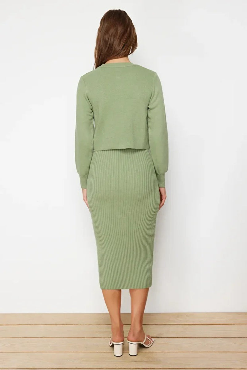 2-Piece Midi Knit Basic Dress with Cardigan
