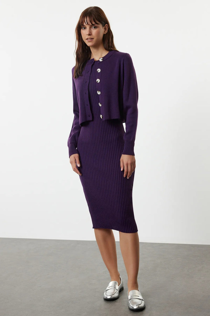 2-Piece Midi Knit Basic Dress with Cardigan