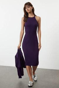 2-Piece Midi Knit Basic Dress with Cardigan