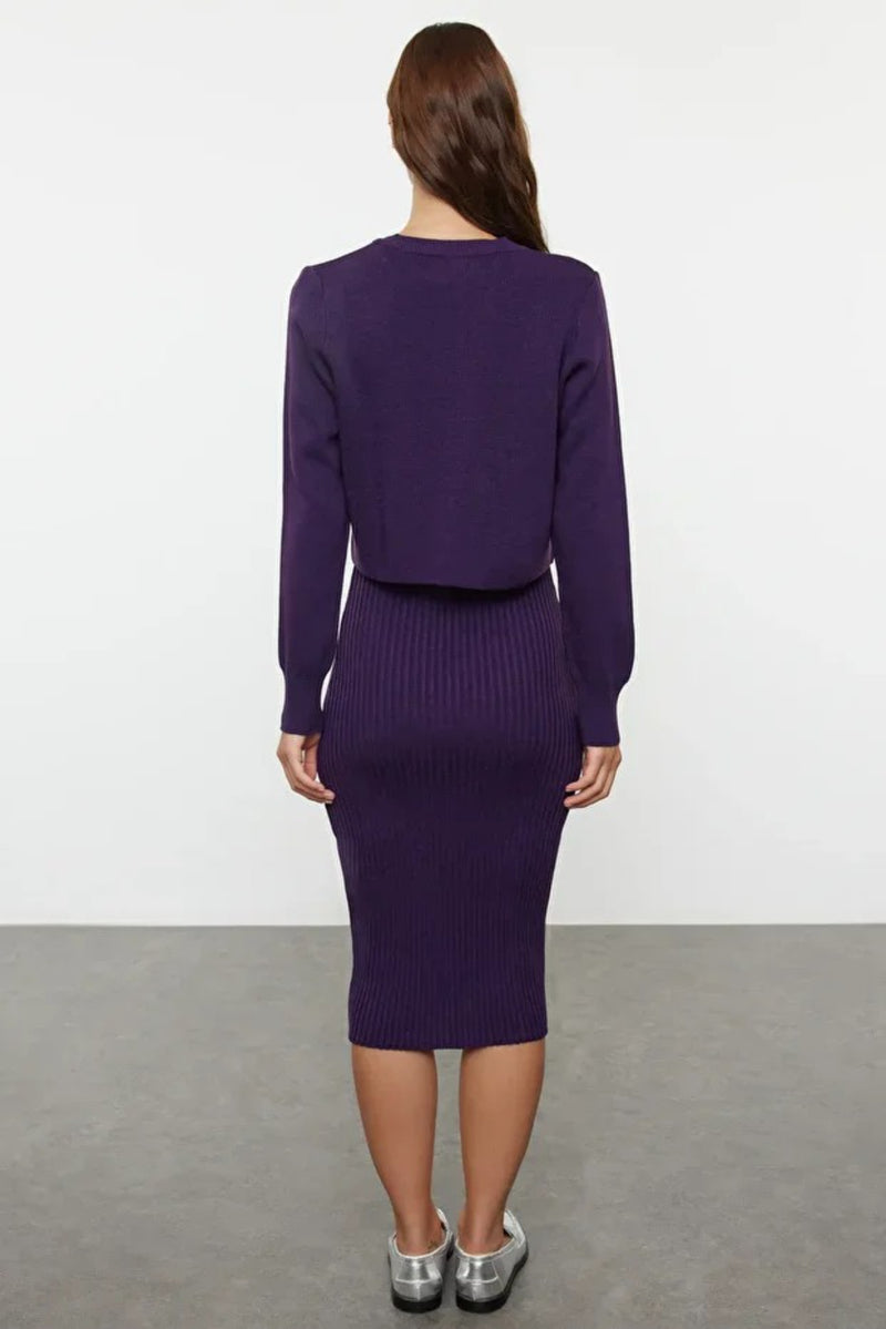 2-Piece Midi Knit Basic Dress with Cardigan