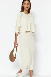 2-Piece Midi Knit Basic Dress with Cardigan