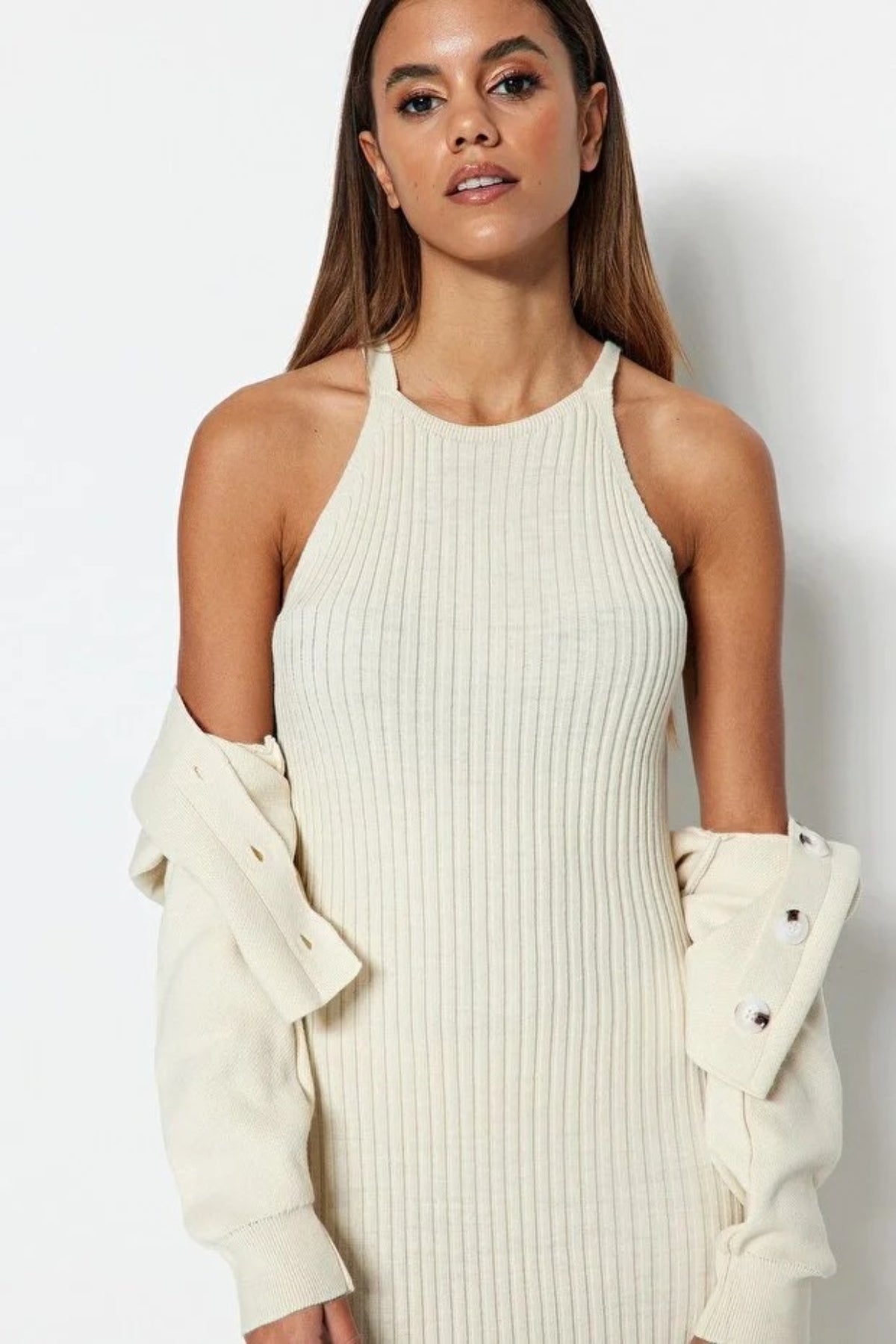 2-Piece Midi Knit Basic Dress with Cardigan