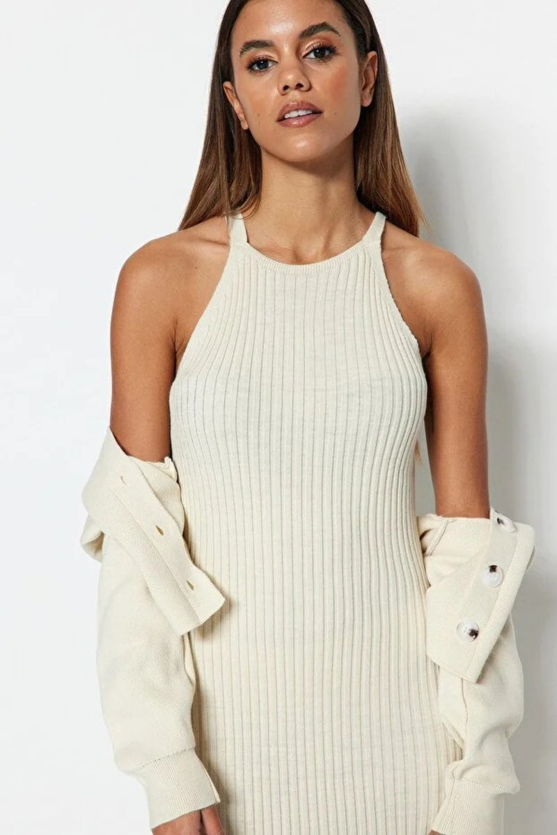 2-Piece Midi Knit Basic Dress with Cardigan