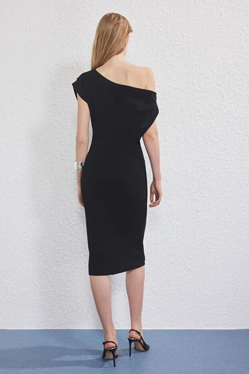 Midi Knit Dress with Ruched/Draped Detail