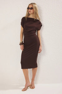 Midi Knit Dress with Ruched/Draped Detail