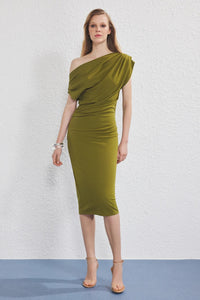 Midi Knit Dress with Ruched/Draped Detail