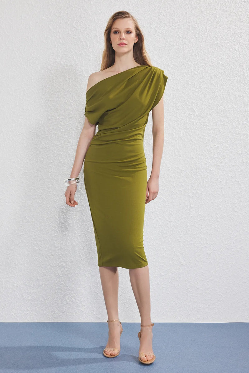 Midi Knit Dress with Ruched/Draped Detail
