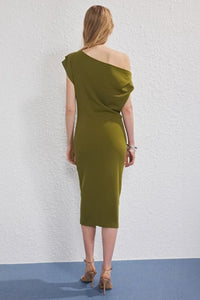Midi Knit Dress with Ruched/Draped Detail