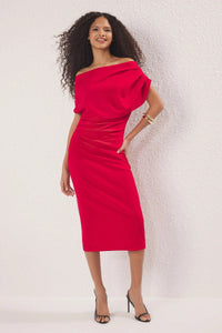 Midi Knit Dress with Ruched/Draped Detail
