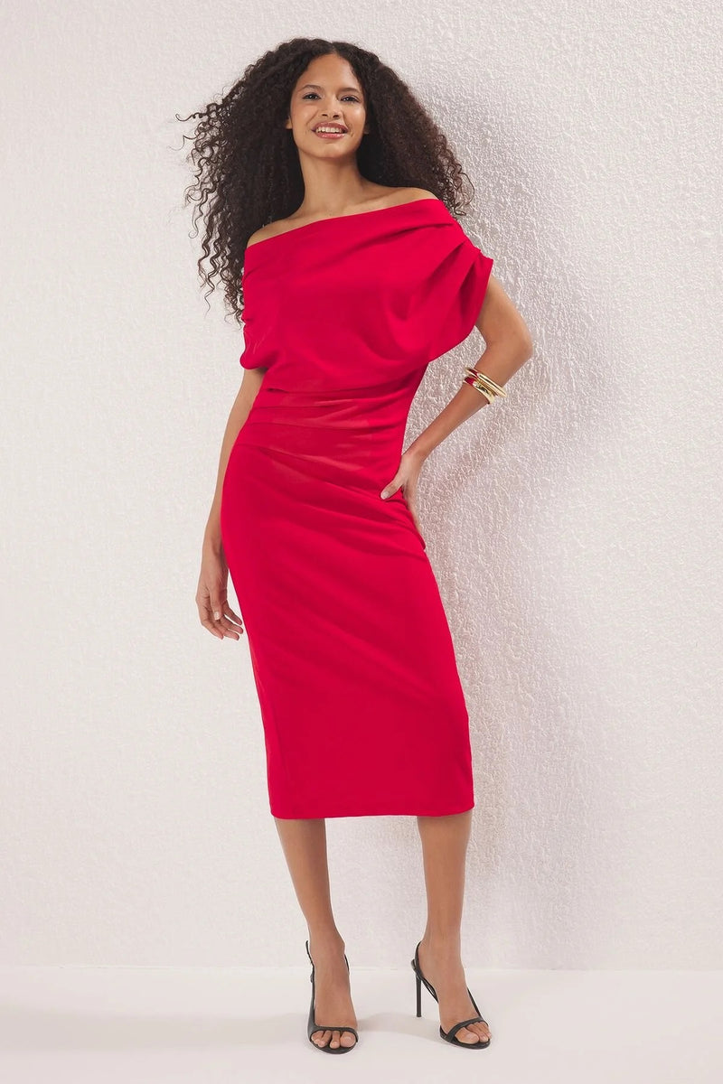 Midi Knit Dress with Ruched/Draped Detail
