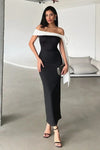 Elegant Fitted Knit Evening Dress with Shoulder Bow Detail